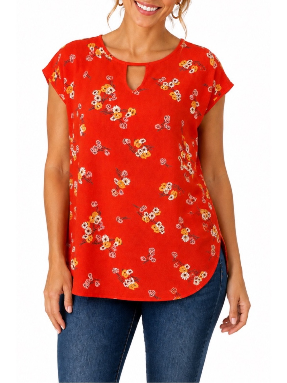 Maurice’s Red Blouse featuring a ditsy floral print with yellow & white flowers